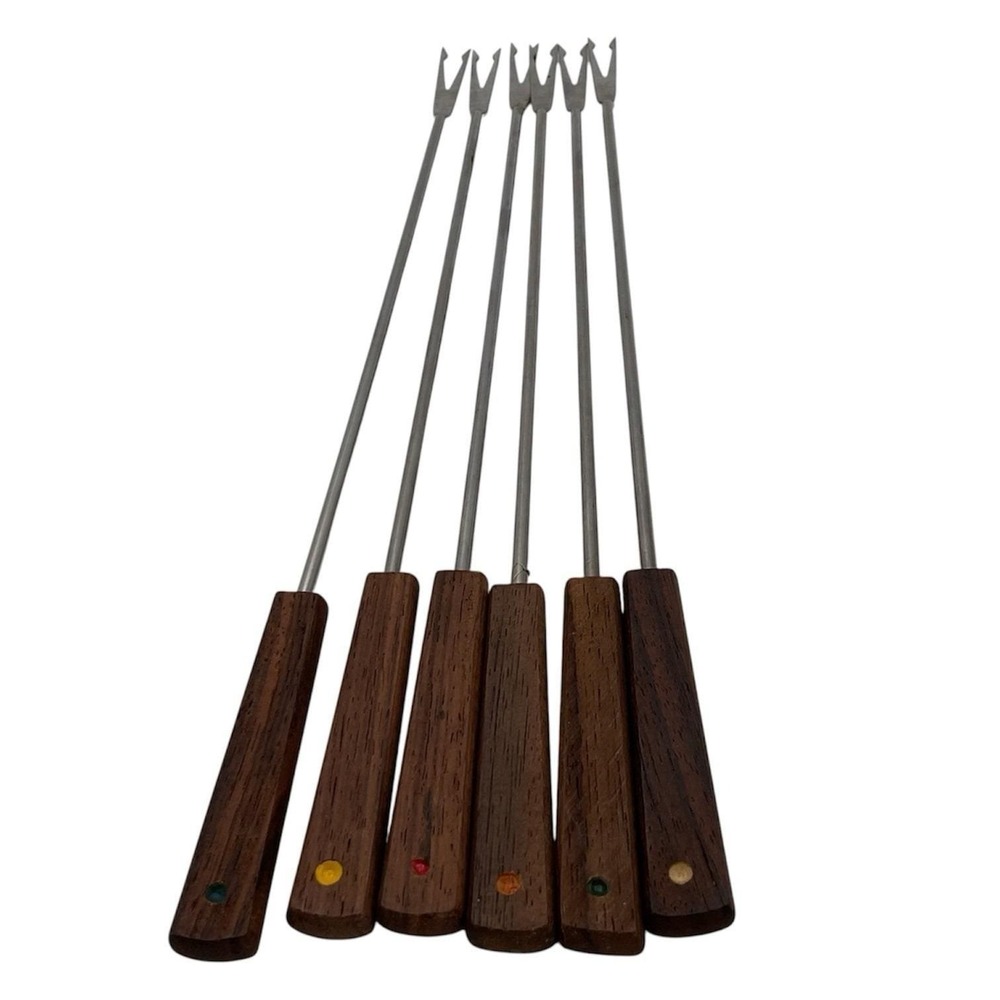 Set Of 6  Vintage MCM Danish Modern Teak Stainless Steel Fondue Forks Japan